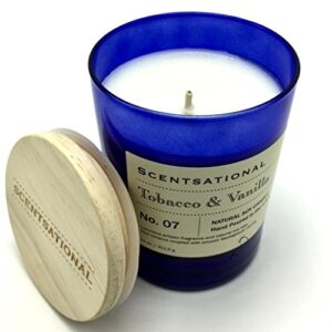 Scentsational Tobacco and Vanilla Natural Soy Candle - Single Lead-Free Wick - Earthy Sweet Smell - Hand Poured in Blue Jar with Wooden Lid - 11 oz