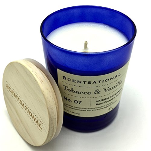 Scentsational Tobacco and Vanilla Natural Soy Candle - Single Lead-Free Wick - Earthy Sweet Smell - Hand Poured in Blue Jar with Wooden Lid - 11 oz