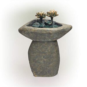 alpine corporation 30" tall outdoor pedestal lotus rock waterfall fountain with led lights, brown/gray