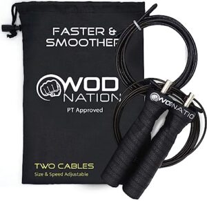wod nation attack speed jump rope : adjustable jumping ropes : unique two cable skipping workout system : one thick and one light 11 foot cable : perfect for double unders forhiit : fits men and women