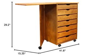 Adeptus Original Drop Leaf Roll Cart with Desk, Sold Wood, 7 Drawer Extra Wide Drawers Roll Carts, Medium Pine