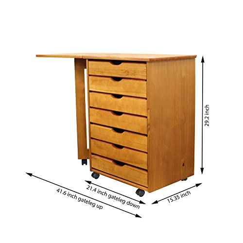 Adeptus Original Drop Leaf Roll Cart with Desk, Sold Wood, 7 Drawer Extra Wide Drawers Roll Carts, Medium Pine