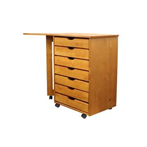 Adeptus Original Drop Leaf Roll Cart with Desk, Sold Wood, 7 Drawer Extra Wide Drawers Roll Carts, Medium Pine