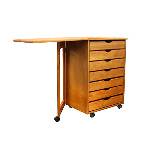 Adeptus Original Drop Leaf Roll Cart with Desk, Sold Wood, 7 Drawer Extra Wide Drawers Roll Carts, Medium Pine