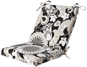 pillow perfect floral indoor/outdoor solid back 1 piece square corner chair cushion with ties, deep seat, weather, and fade resistant, 36.5" x 18", black/white sophia, 1 count