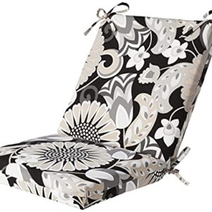 Pillow Perfect Floral Indoor/Outdoor Solid Back 1 Piece Square Corner Chair Cushion with Ties, Deep Seat, Weather, and Fade Resistant, 36.5" x 18", Black/White Sophia, 1 Count