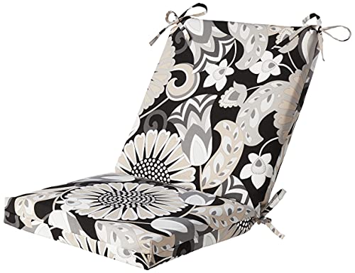 Pillow Perfect Floral Indoor/Outdoor Solid Back 1 Piece Square Corner Chair Cushion with Ties, Deep Seat, Weather, and Fade Resistant, 36.5" x 18", Black/White Sophia, 1 Count