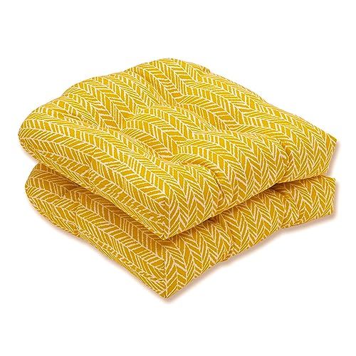 Pillow Perfect 610238 Outdoor/Indoor Herringbone Egg Yolk Tufted Seat Cushions (Round Back), 19" x 19", Yellow, 2 Pack