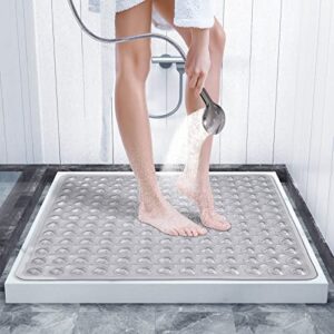 Yimobra Shower Bathtub Mat Non Slip, 21x21 Inch, Soft Square Bath Mat for Tub with Suction Cups and Drain Holes, Stall Floor Mats for Bathroom, Machine Washable, Bathroom Accessories, Clear Gray