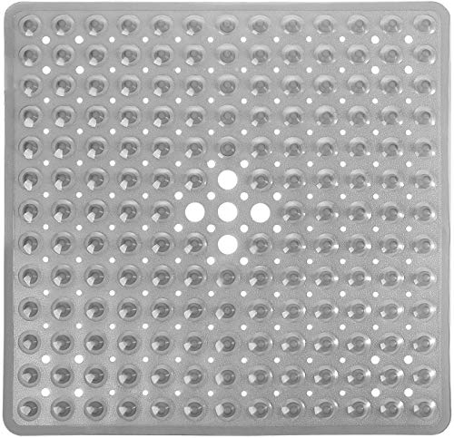 Yimobra Shower Bathtub Mat Non Slip, 21x21 Inch, Soft Square Bath Mat for Tub with Suction Cups and Drain Holes, Stall Floor Mats for Bathroom, Machine Washable, Bathroom Accessories, Clear Gray