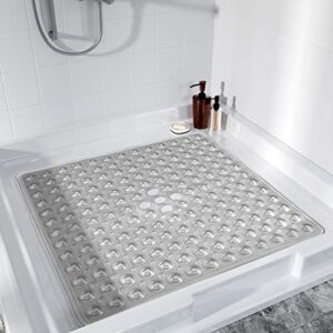 Yimobra Shower Bathtub Mat Non Slip, 21x21 Inch, Soft Square Bath Mat for Tub with Suction Cups and Drain Holes, Stall Floor Mats for Bathroom, Machine Washable, Bathroom Accessories, Clear Gray