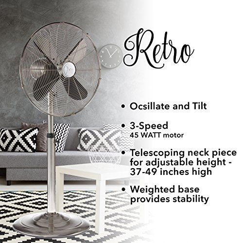 DecoBREEZE Pedestal Standing Floor Fan, Indoor 3-Speed Oscillating Fan with Adjustable Height, Stainless, Retro Fan, 16 inches