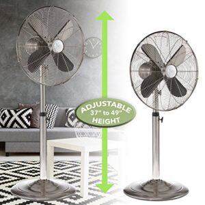 DecoBREEZE Pedestal Standing Floor Fan, Indoor 3-Speed Oscillating Fan with Adjustable Height, Stainless, Retro Fan, 16 inches