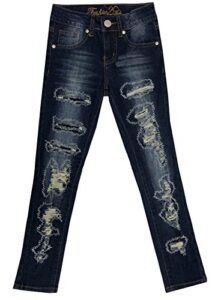 k1-2497db - girls’ stretch 5 pockets rip and repair premium, skinny jeans in dark blue size 14 (mlg1)