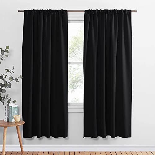 PONY DANCE Blackout Curtains 72 Long - Solid Rod Pocket Thermal Panels Black Out Window Cover Energy Efficient Light Blocking Drapes for Living Room, 42-inch by 72-inch, Black, 2 Pieces