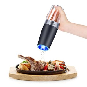 Gravity Salt and Pepper Mill with Adjustable Coarseness Automatic Pepper and Salt Grinder Battery Powered with Blue LED Light,One Hand Operated,Brushed Stainless Steel by CHEW FUN