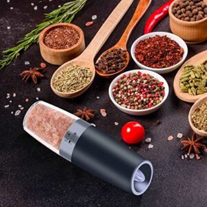 Gravity Salt and Pepper Mill with Adjustable Coarseness Automatic Pepper and Salt Grinder Battery Powered with Blue LED Light,One Hand Operated,Brushed Stainless Steel by CHEW FUN