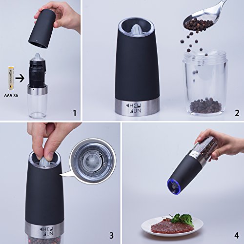 Gravity Salt and Pepper Mill with Adjustable Coarseness Automatic Pepper and Salt Grinder Battery Powered with Blue LED Light,One Hand Operated,Brushed Stainless Steel by CHEW FUN