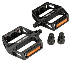 mongoose adult mountain bike pedals, 1/2" and 9/16" adapters, durable alloy bicycle platform pedal, refective strips, mtb bike accessories, black