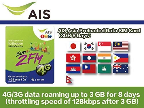 AIS Sim2Fly: Asia Data Roaming for 20 Countries Preloaded Data SIM Card 4GB / 8 Days Japan, Korea, Singapore, Malaysia, Hong Kong, Laos, India, Taiwan, Philippines, Cambodia, China, Nepal, Australia