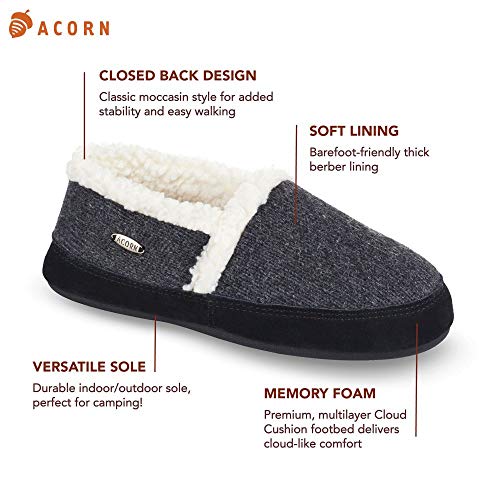 Acorn Moc Slipper – Cozy, Comfortable Moccasins for Women – House Shoes with Memory Foam Cloud Cushioning and Indoor / Outdoor Sole, Dark Charcoal Heather Ragg Wool, 8-9