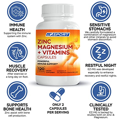 Magnesium Zinc & Vitamins B6, B9, Folic Acid – High Absorption for Immune Support, Muscle Recovery, Easy on Stomach, 120 Capsules