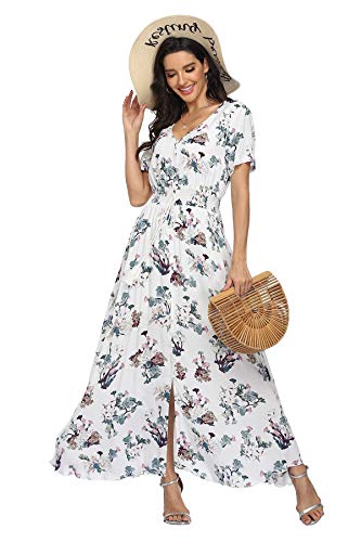 VintageClothing Women's Floral Print Maxi Dresses Boho Button Up Split Beach Party Dress