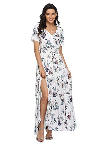 VintageClothing Women's Floral Print Maxi Dresses Boho Button Up Split Beach Party Dress