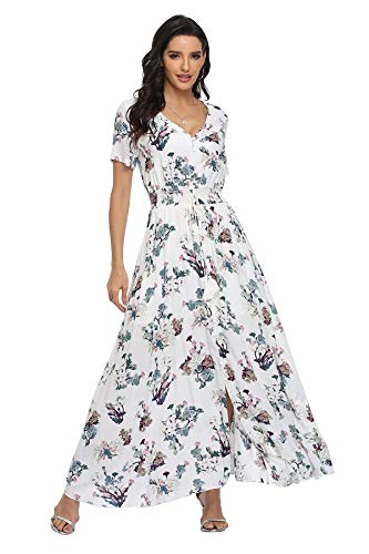 VintageClothing Women's Floral Print Maxi Dresses Boho Button Up Split Beach Party Dress