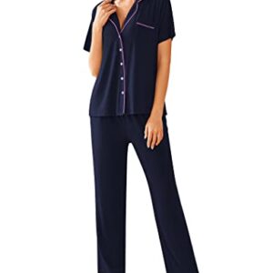 Avidlove Womens Comfort Pajama Set Short-Sleeve with Long Pjs Pants Soft Sleepwear, Navy Blue Pj, Medium