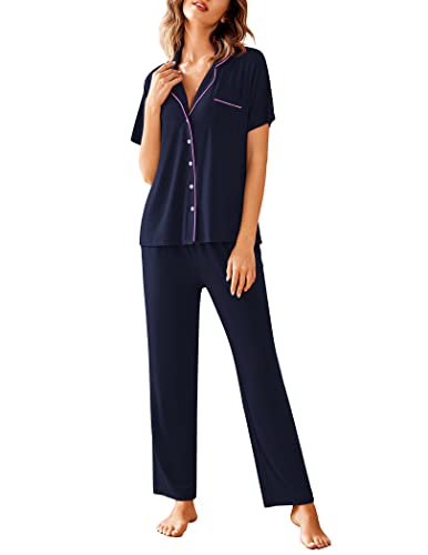 Avidlove Womens Comfort Pajama Set Short-Sleeve with Long Pjs Pants Soft Sleepwear, Navy Blue Pj, Medium