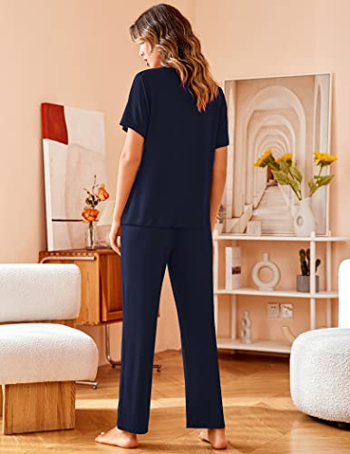 Avidlove Womens Comfort Pajama Set Short-Sleeve with Long Pjs Pants Soft Sleepwear, Navy Blue Pj, Medium