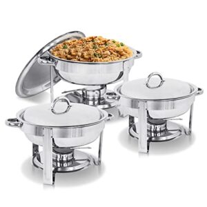 super deal upgraded 5 qt full size stainless steel chafing dish set of 3 pack round chafer buffet catering warmer set w/food and water pan, lid, solid stand and fuel holder
