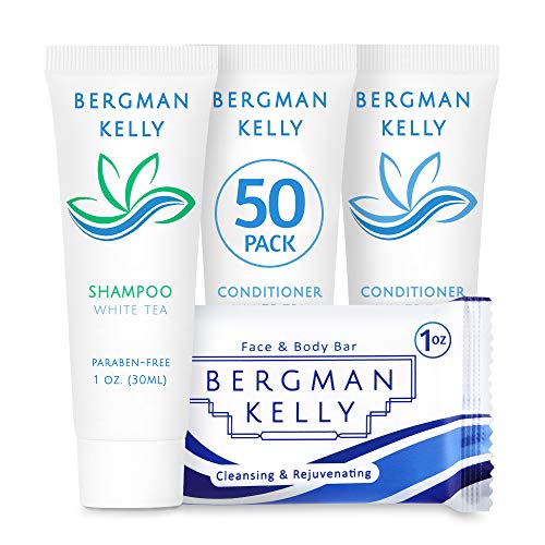 BERGMAN KELLY Rectangular Hotel Soap Bars, Shampoo & Conditioner 3-Piece Set (1 oz each, 150 pc, White Tea), Delight Guests with Revitalizing & Refreshing Mini Travel Toiletries & Bulk Amenities