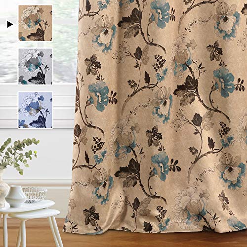 H.VERSAILTEX Blackout Curtains for Bedroom/Living Room Thermal Insulated Printed Curtain Drapes 63 Inches Long Energy Efficient Room Darkening Curtains Pair (2 Panels), Vintage Floral Brown & Blue