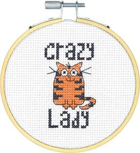 dimensions mini counted cross stitch kit for beginners, 'crazy cat lady', 14 count white aida cloth, 4''