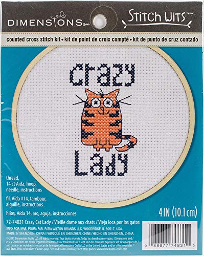 Dimensions Mini Counted Cross Stitch Kit for Beginners, 'Crazy Cat Lady', 14 Count White Aida Cloth, 4''