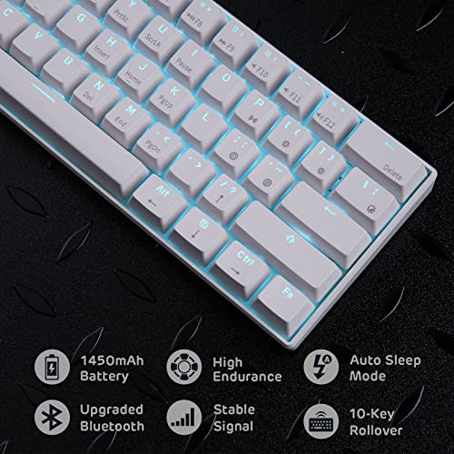 RK ROYAL KLUDGE RK61 Wireless 60% Triple Mode BT5.0/2.4G/USB-C Mechanical Keyboard, 61 Keys Bluetooth Mechanical Keyboard, Compact Gaming Keyboard with Software (Hot Swappable Blue Switch, White)