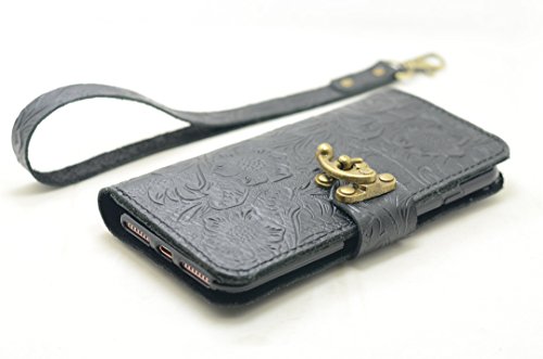 Handmade Genuine Leather Wallet Case For Iphone 14 Pro Max 13 mini Case Leather Case For Iphone 14 plus 14 pro 13 12 11 With Wristlet BLACK Pattern