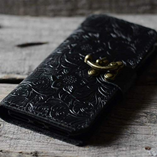 Handmade Genuine Leather Wallet Case For Iphone 14 Pro Max 13 mini Case Leather Case For Iphone 14 plus 14 pro 13 12 11 With Wristlet BLACK Pattern