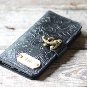 Handmade Genuine Leather Wallet Case For Iphone 14 Pro Max 13 mini Case Leather Case For Iphone 14 plus 14 pro 13 12 11 With Wristlet BLACK Pattern