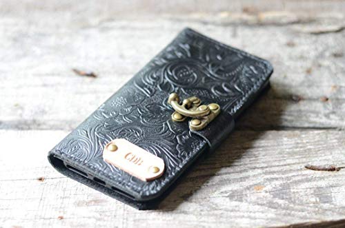 Handmade Genuine Leather Wallet Case For Iphone 14 Pro Max 13 mini Case Leather Case For Iphone 14 plus 14 pro 13 12 11 With Wristlet BLACK Pattern