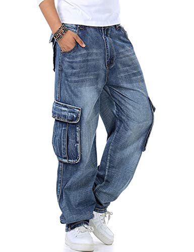 Yeokou Men's Casual Loose Hip Hop Denim Work Pants Jeans with Cargo Pockets(LightBlue-34)