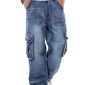 Yeokou Men's Casual Loose Hip Hop Denim Work Pants Jeans with Cargo Pockets(LightBlue-34)