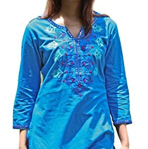 Ayurvastram Ivy Pure Cotton, Embroidered Tunic, Top, Kurti: Blue: Sz L