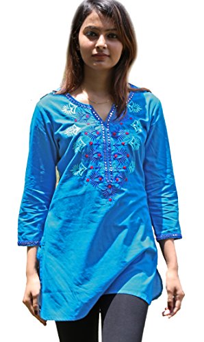 Ayurvastram Ivy Pure Cotton, Embroidered Tunic, Top, Kurti: Blue: Sz L