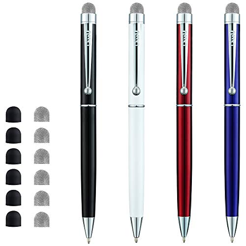 ChaoQ Stylus Pen, 4 Pcs Hybrid Mesh Fiber Tip Stylus Pens and Ballpoint Pens for Touch Screen Devices with 6 Extras Mesh Fiber Tips 6 Rubber Tips (4 Pens and 12 Tips) - Black, White, Red, Blue