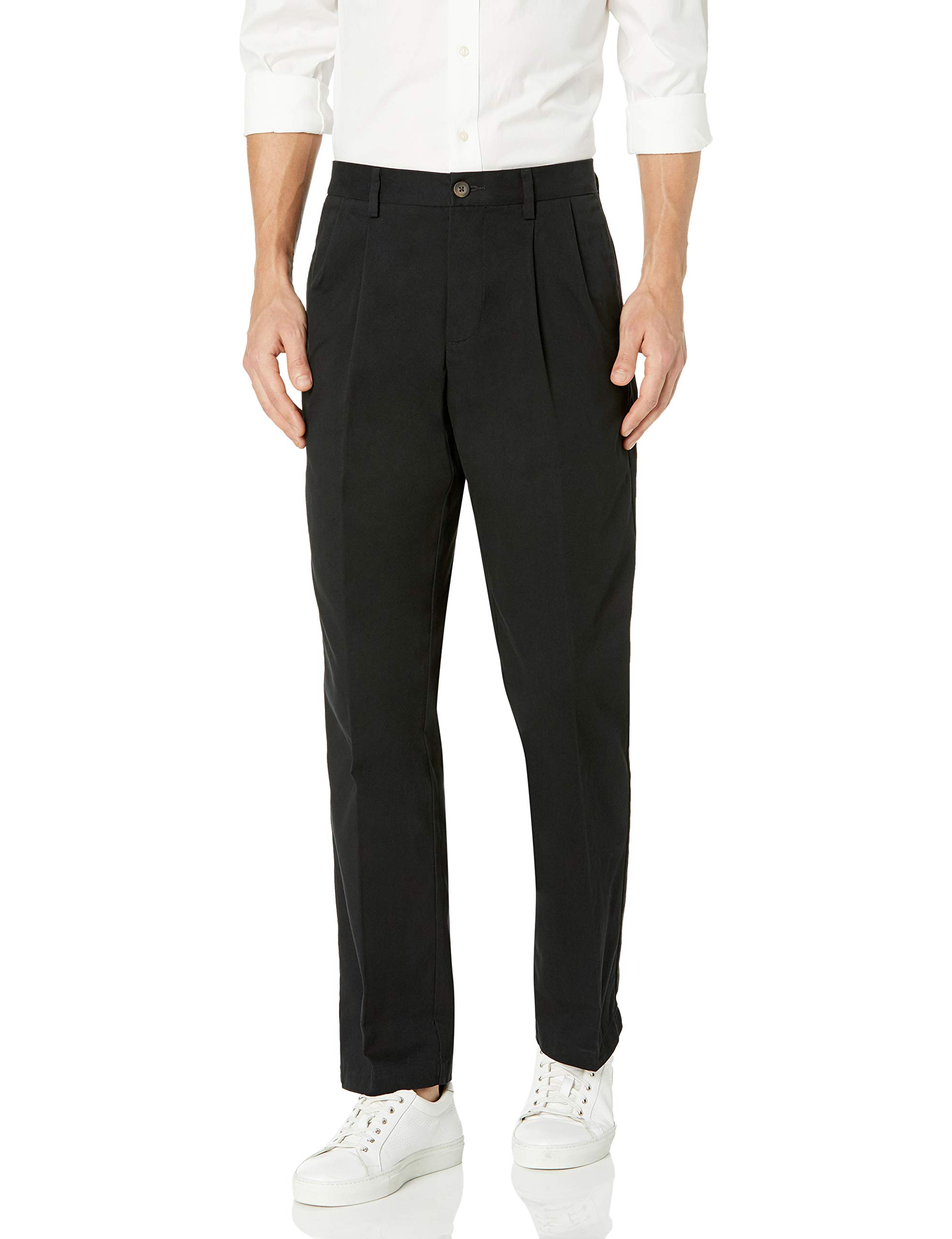 Amazon Essentials Men's Classic-Fit Wrinkle-Resistant Pleated Chino Pant (Available in Big & Tall), Black, 36W x 30L