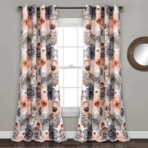 lush decor leah room darkening window curtain panel pair floral insulated grommet, 52"w x 84"l, coral and gray