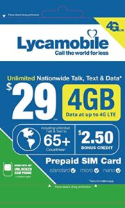 lycamobile $29 plan 1st month included sim card is triple cut unlimited natl talk & text to us and 65+ countries 4gb of 4g lte